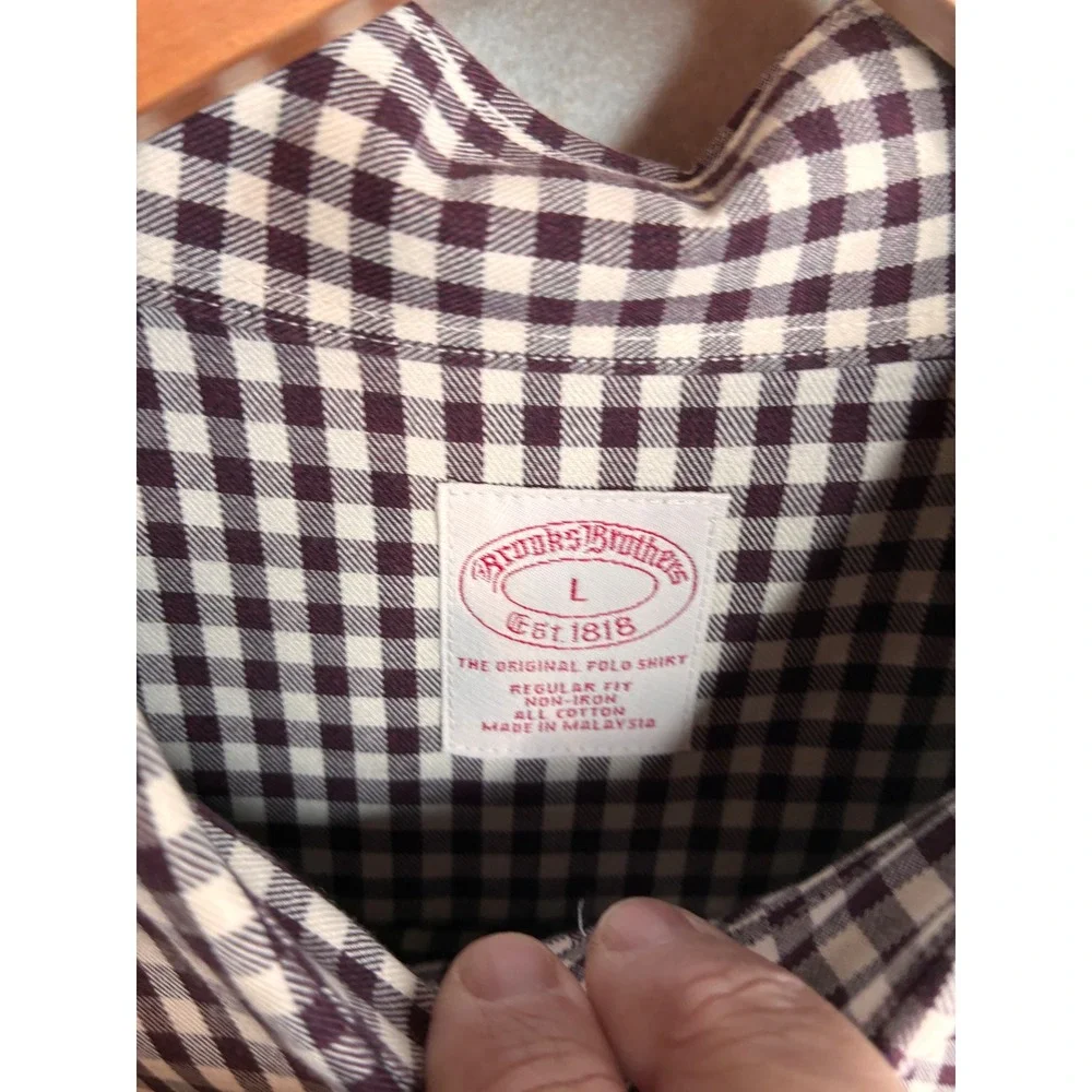 Brooks Brothers Non-Iron‎ Button Down Shirt Mens L Regular Fit Gingham Burgundy